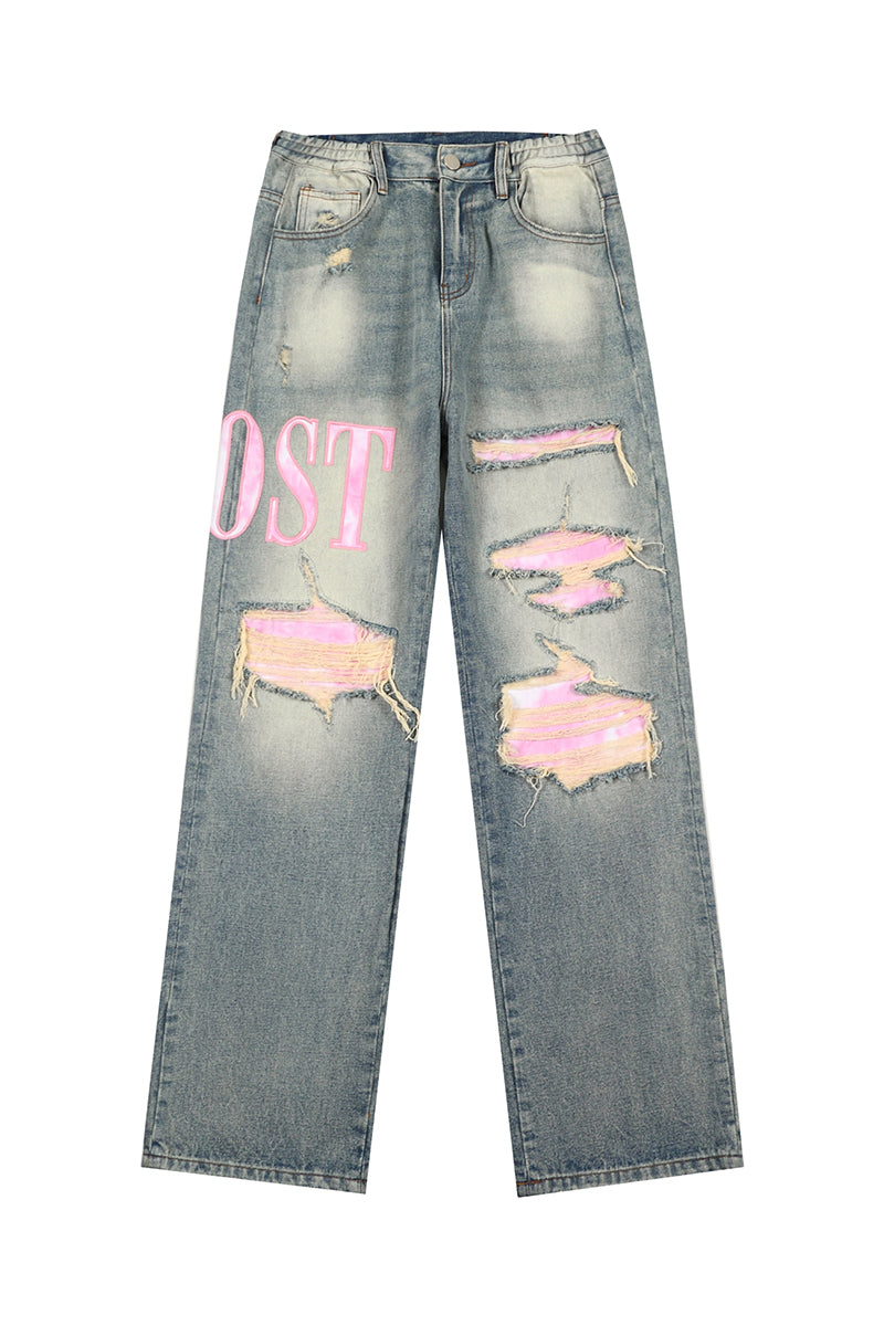 LOSTCTRL Pink Distressed Washed Denim