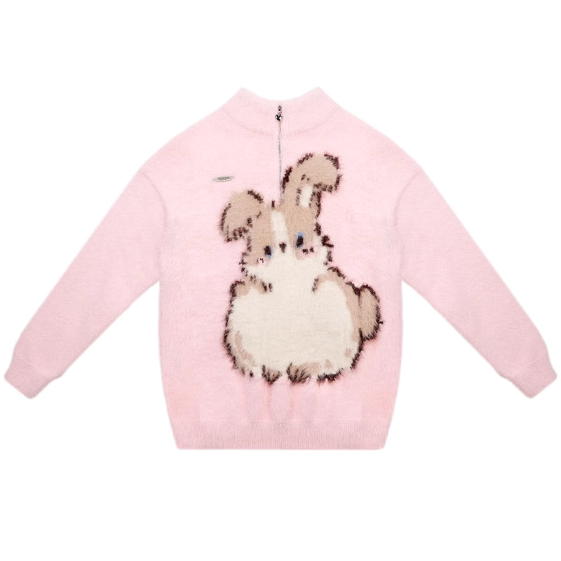 Half-Zip Plush Bunny Pattern Round Neck Knit Sweater