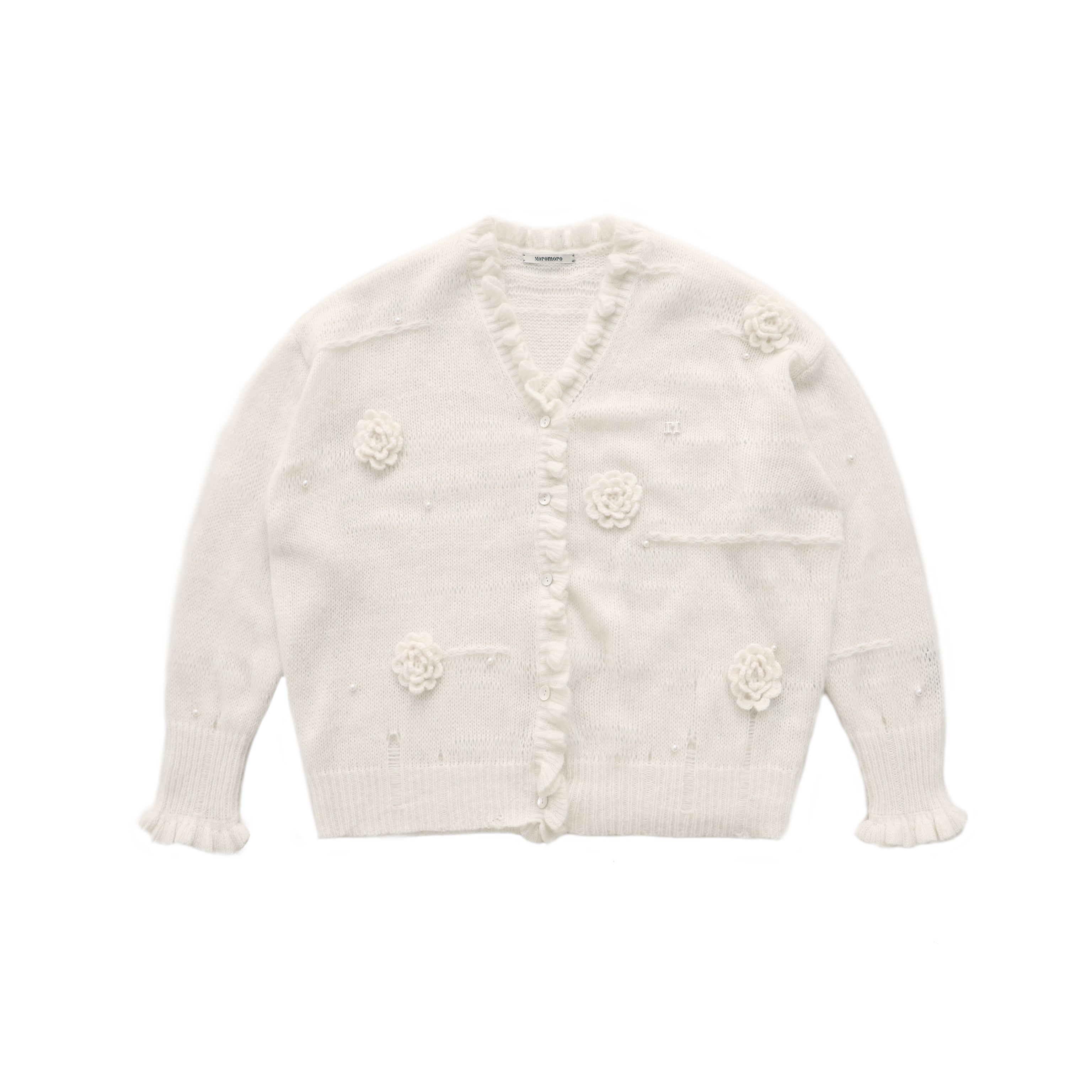 Hand-Knitted Floral Pearl Hollow-Out Knit Cardigan