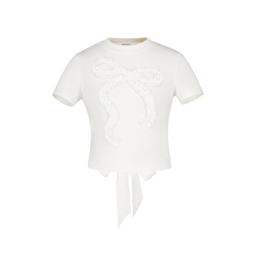 Embroidered Ruffled Trim Bow Tie Tee