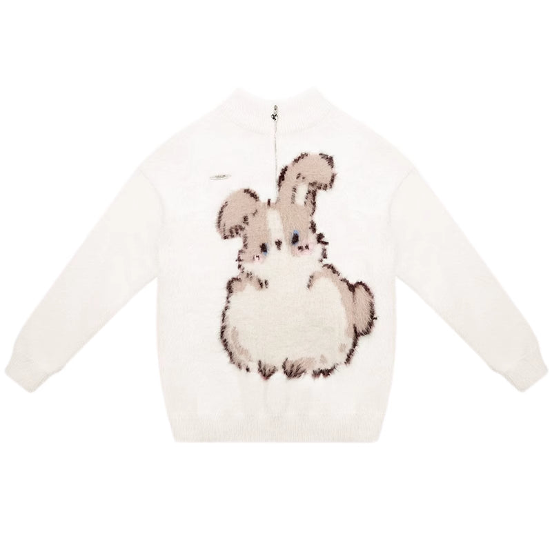 Half-Zip Plush Bunny Pattern Round Neck Knit Sweater