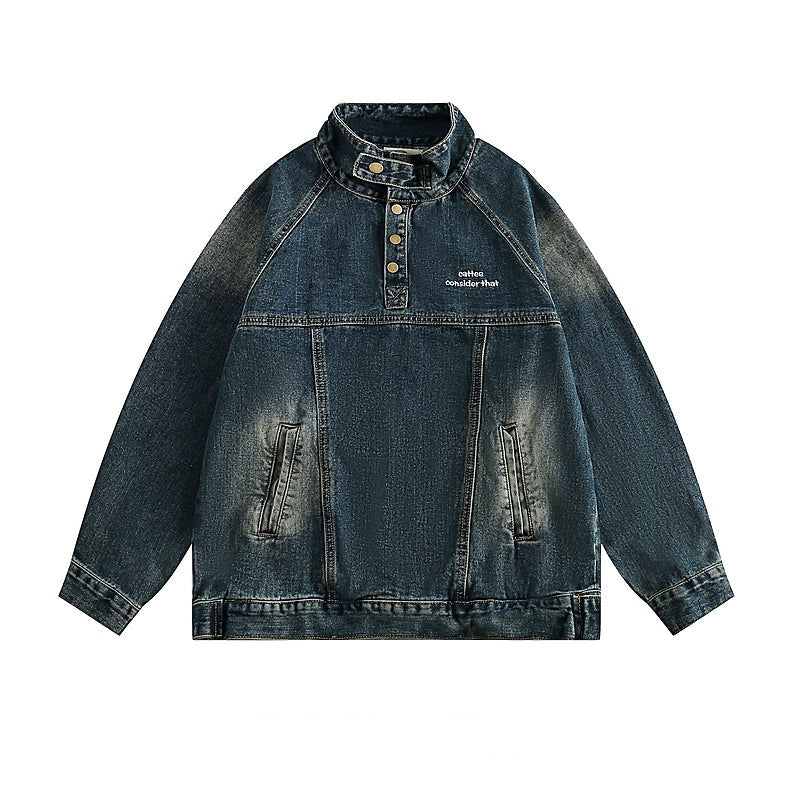 CATTEE Distressed Stand Collar Denim Jacket