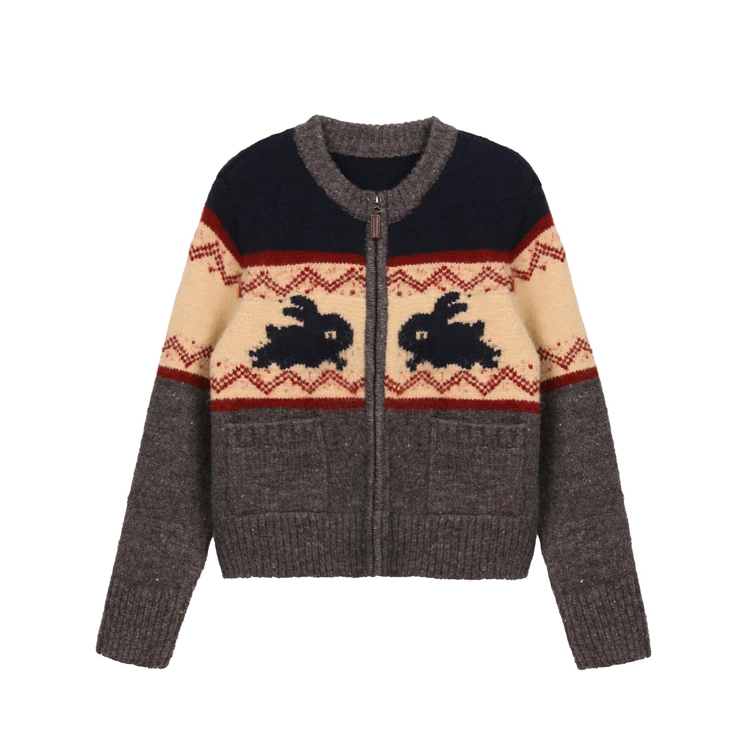 Rabbit Jacquard Zipper Knitted Cardigan