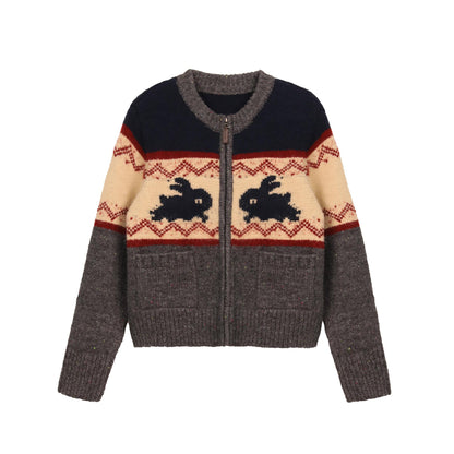 Rabbit Jacquard Zipper Knitted Cardigan