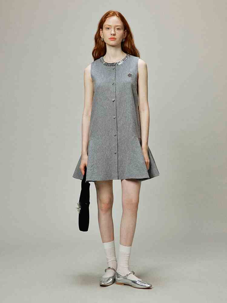 Linen Sequin Trim Tweed-Style Dress