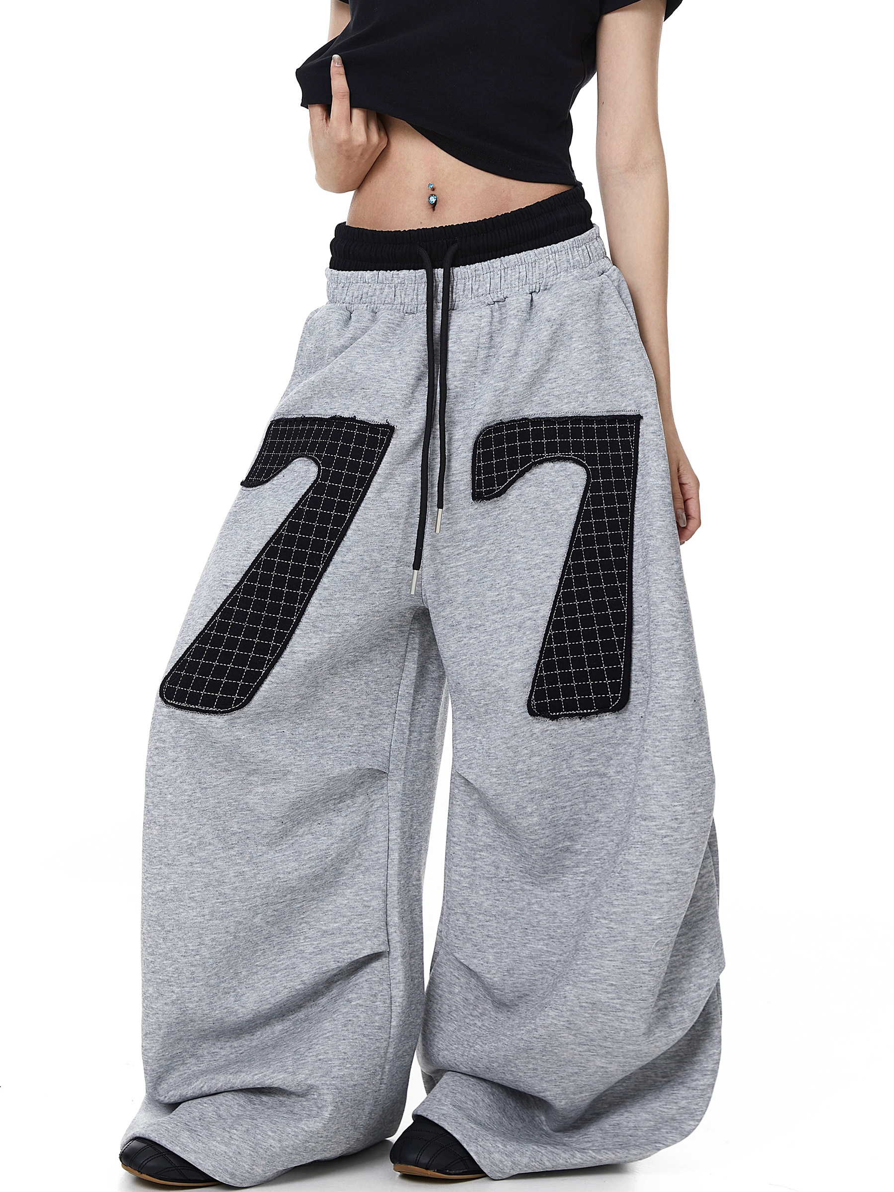 Contrast Patch Embroidered Double Waist Sweatpants