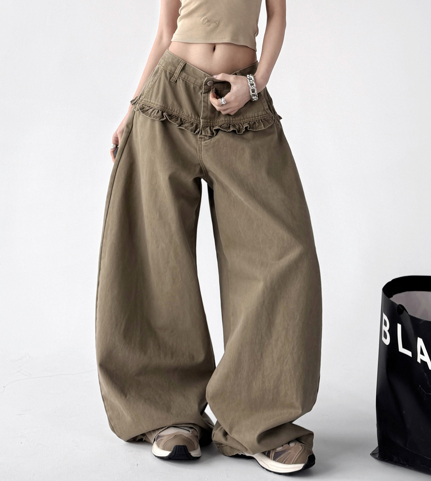 Washed Ruffle High-Waist Wide-Leg Pants – CT2005