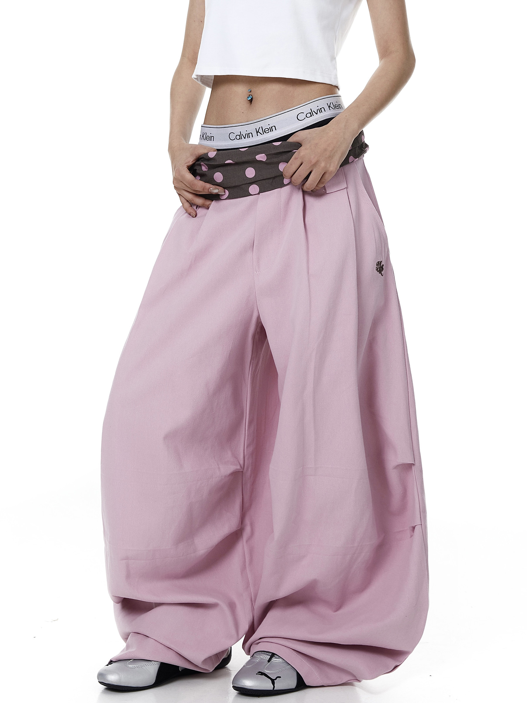 Polka Dot Fold-Over Waist Parachute Pants
