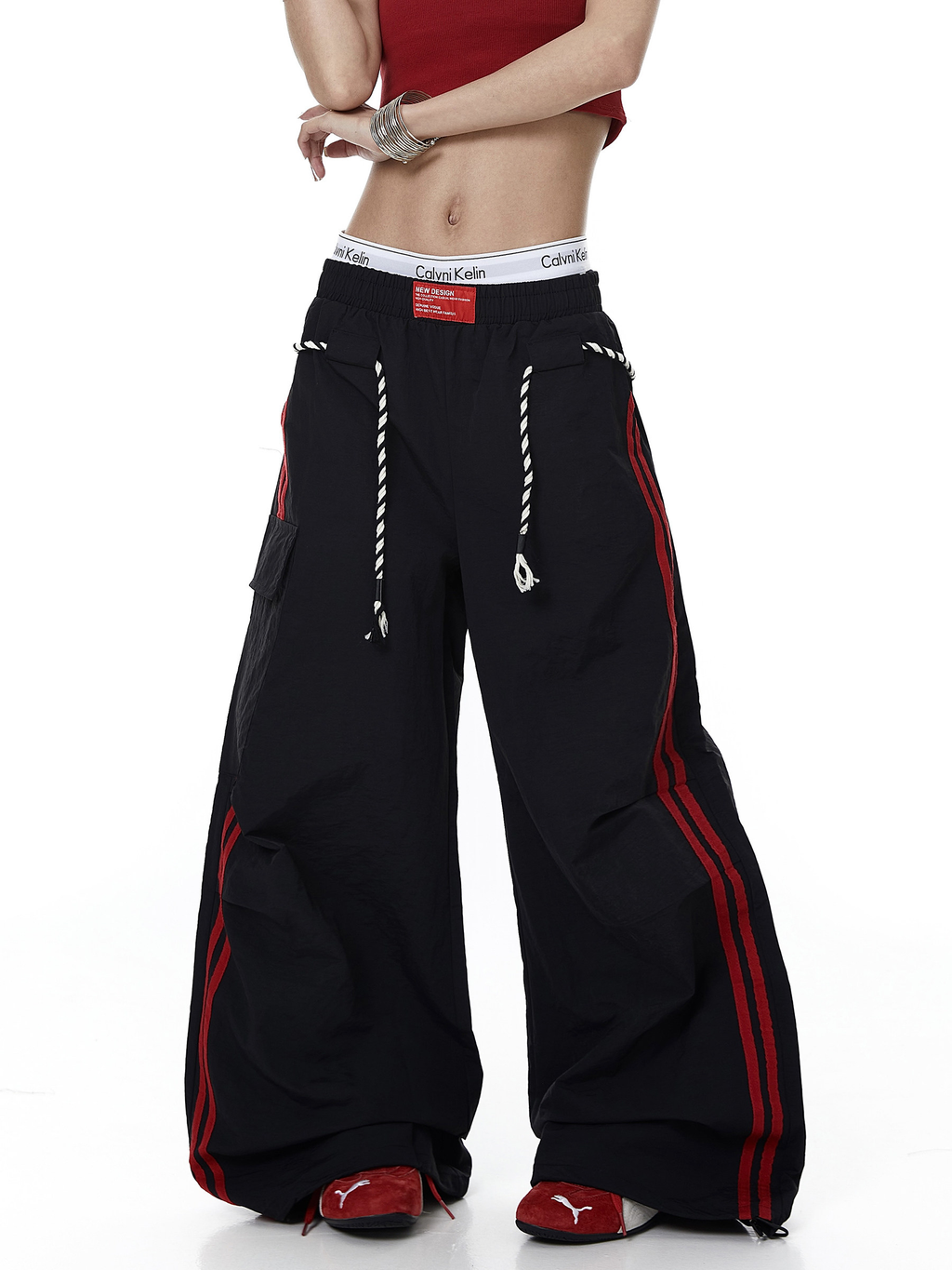 Rope-Waist Contrast Stripe Parachute Cargo Pants
