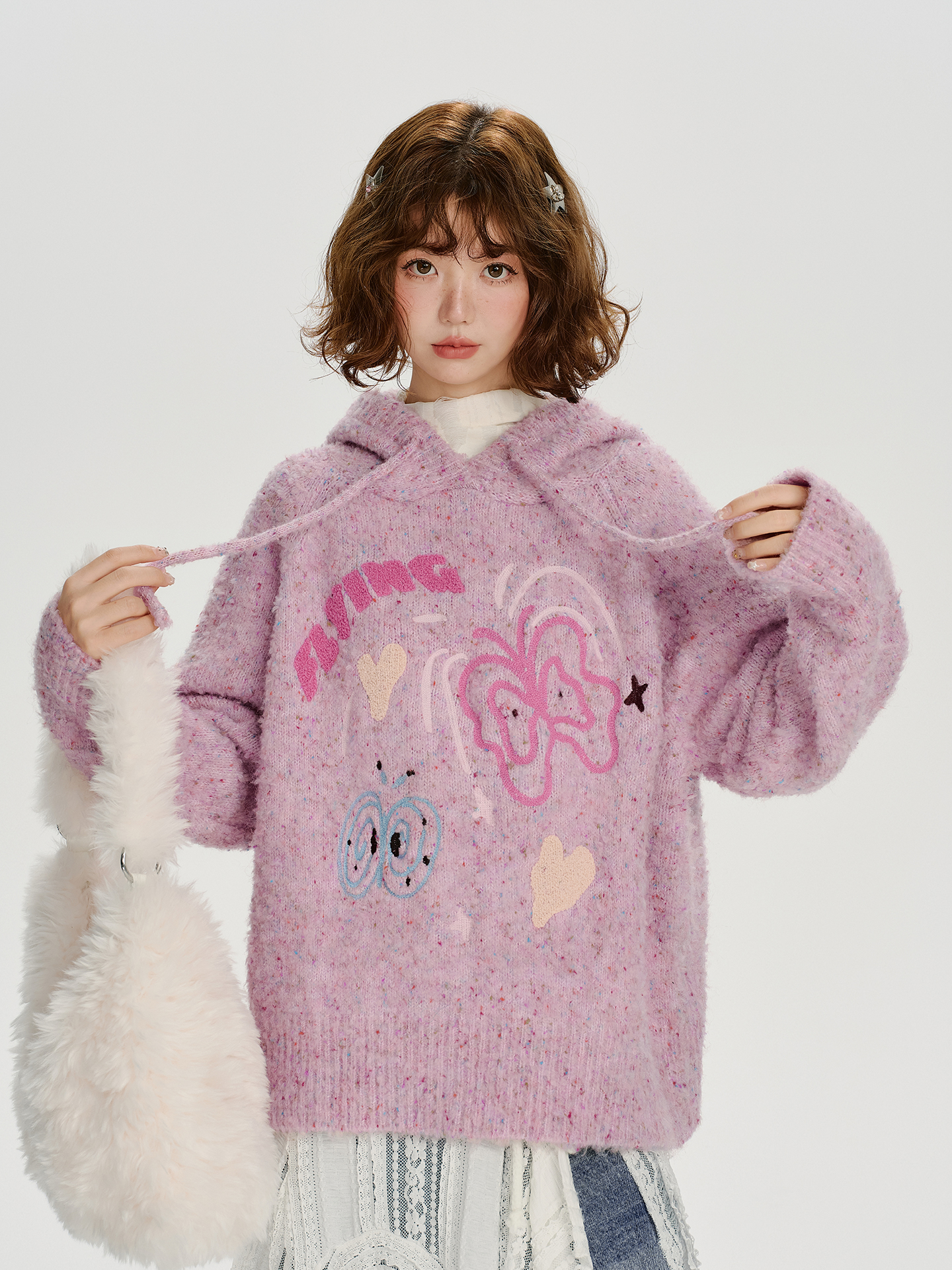 Speckled Jacquard Knit Butterfly Hoodie