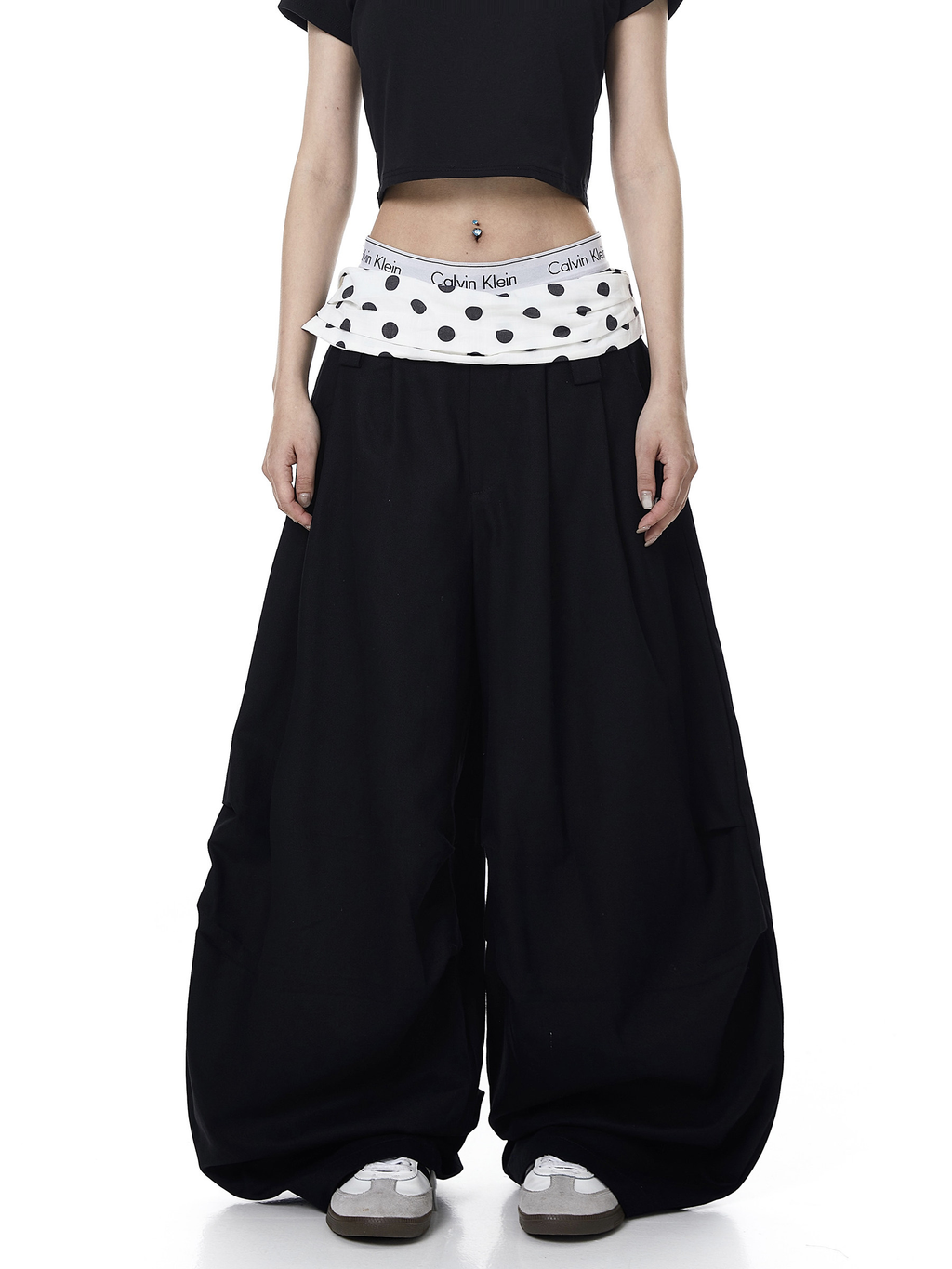 Polka Dot Fold-Over Waist Parachute Pants