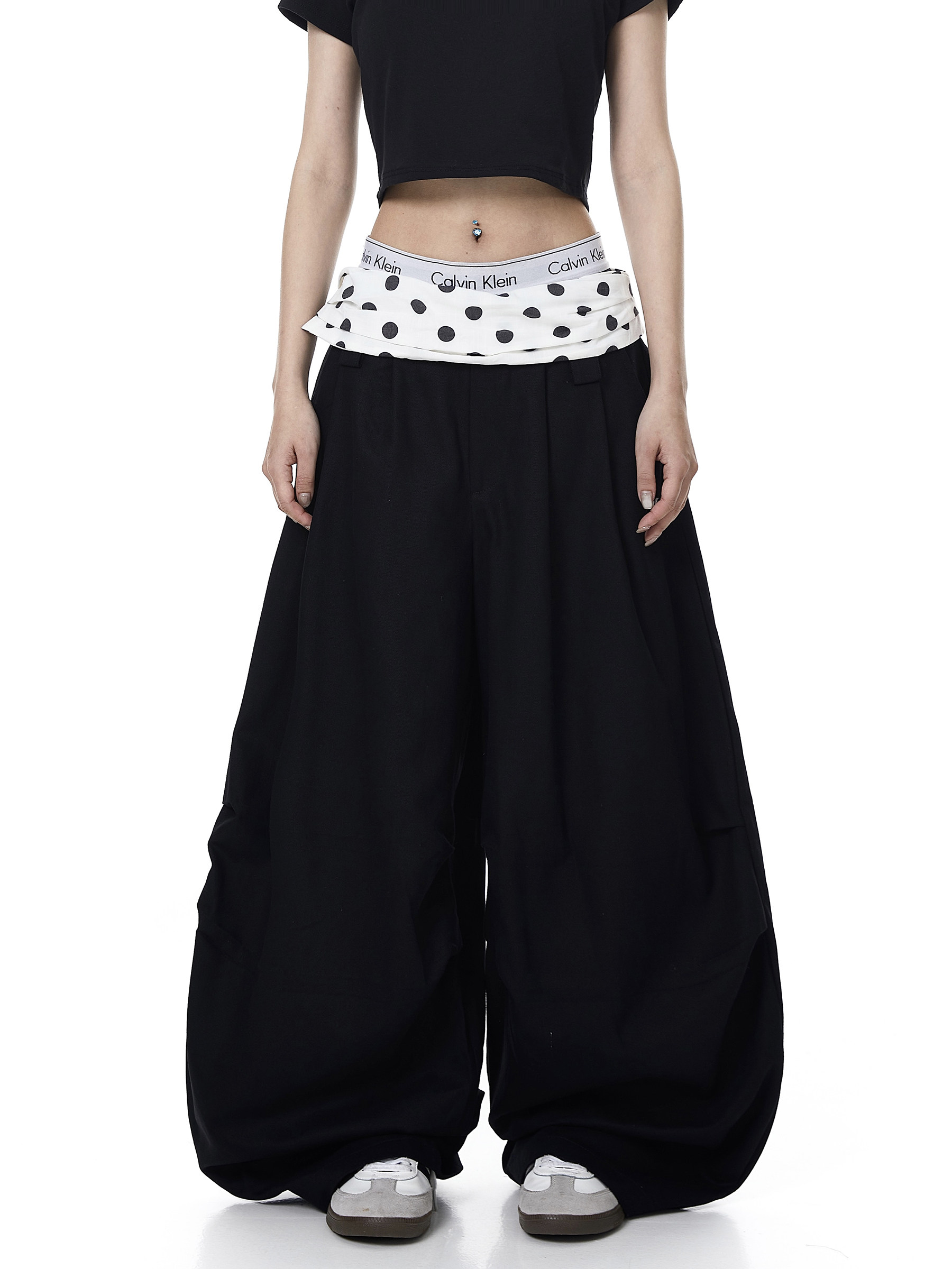 Polka Dot Fold-Over Waist Parachute Pants