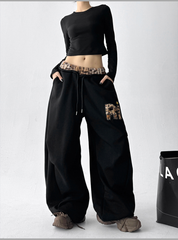 Leopard‑Trim Baggy Wide‑Leg Sweatpants