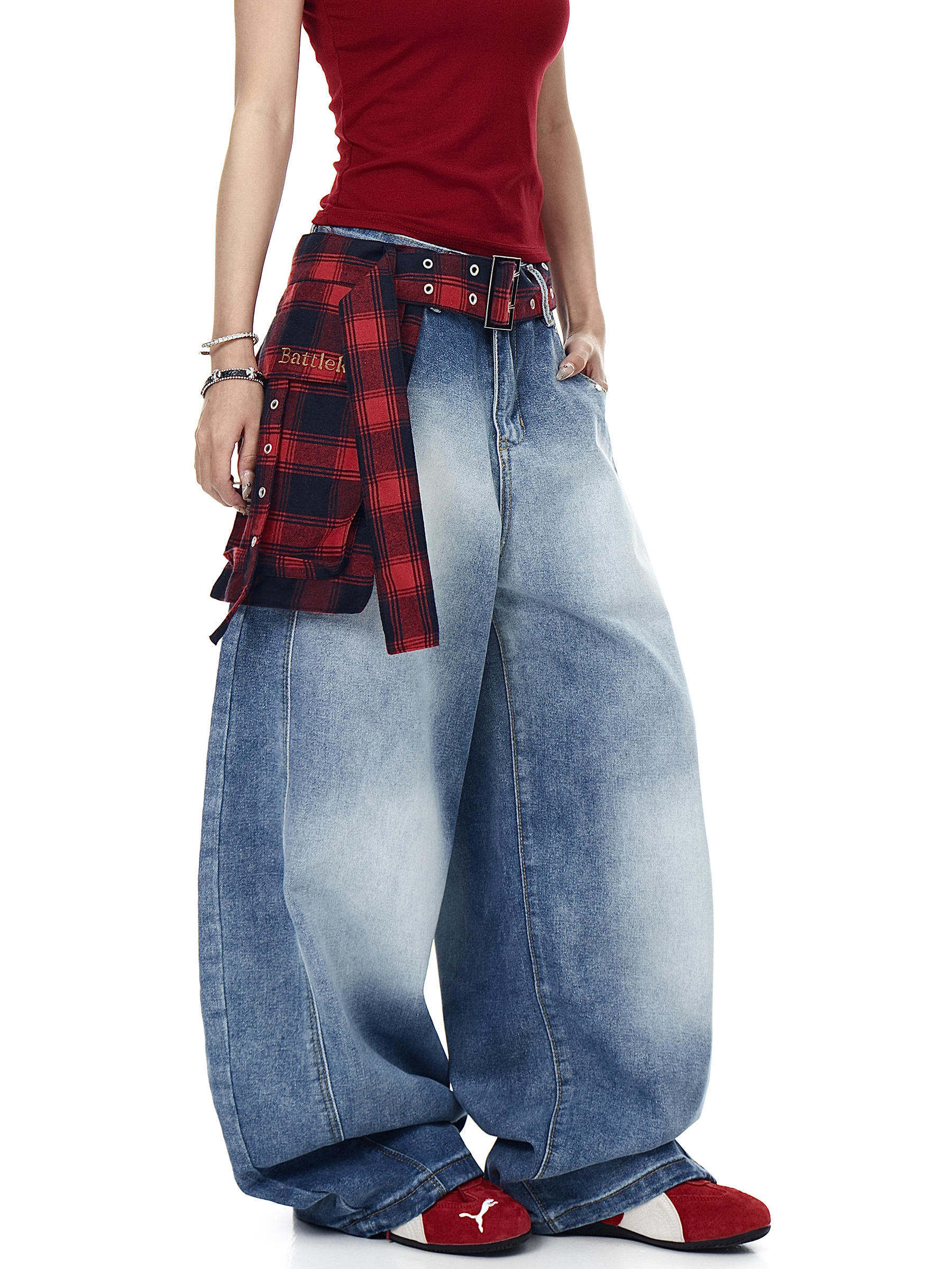 Detachable Plaid Wrap‑Belt Wide‑Leg Jeans