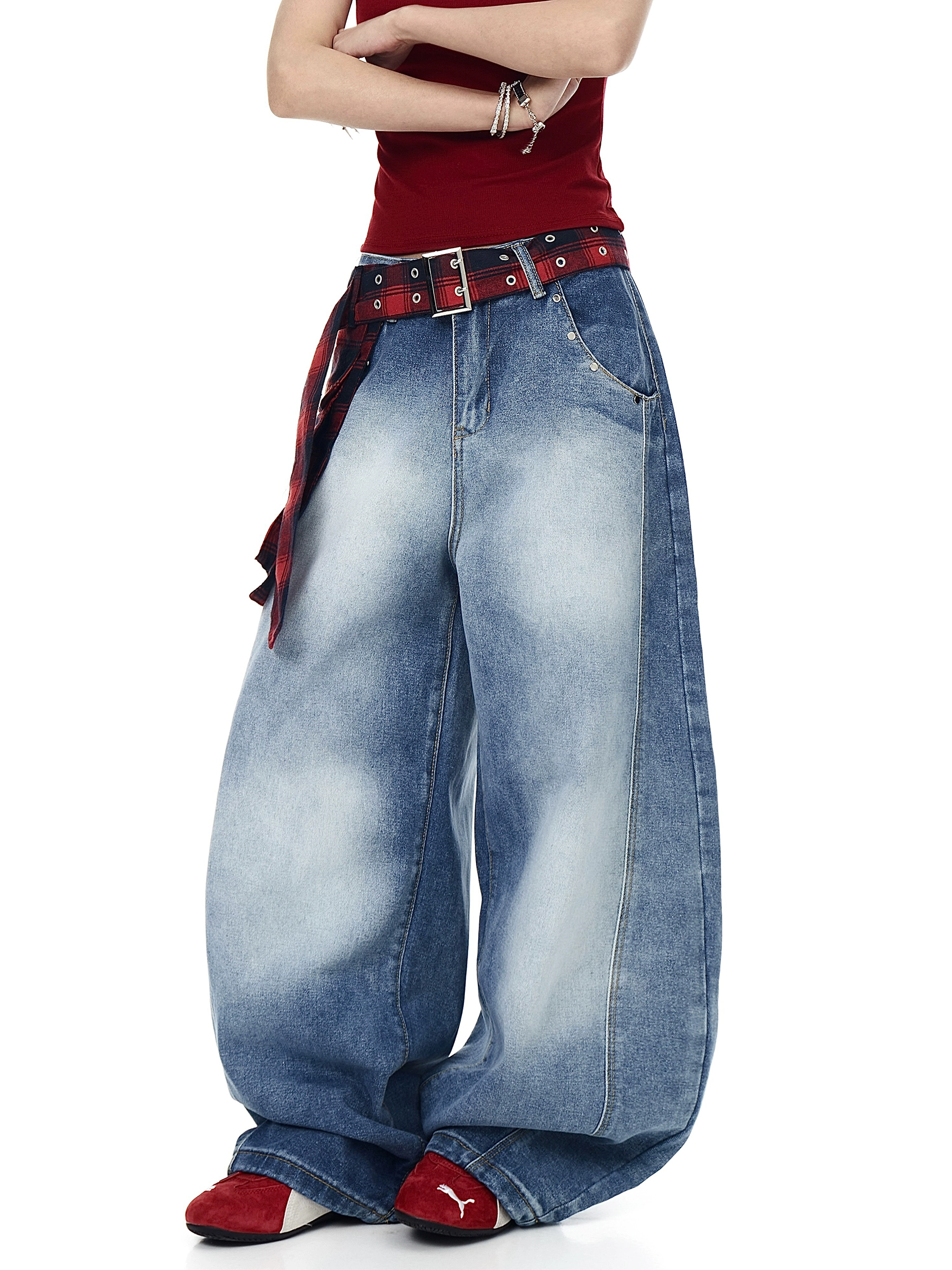 Detachable Plaid Wrap‑Belt Wide‑Leg Jeans