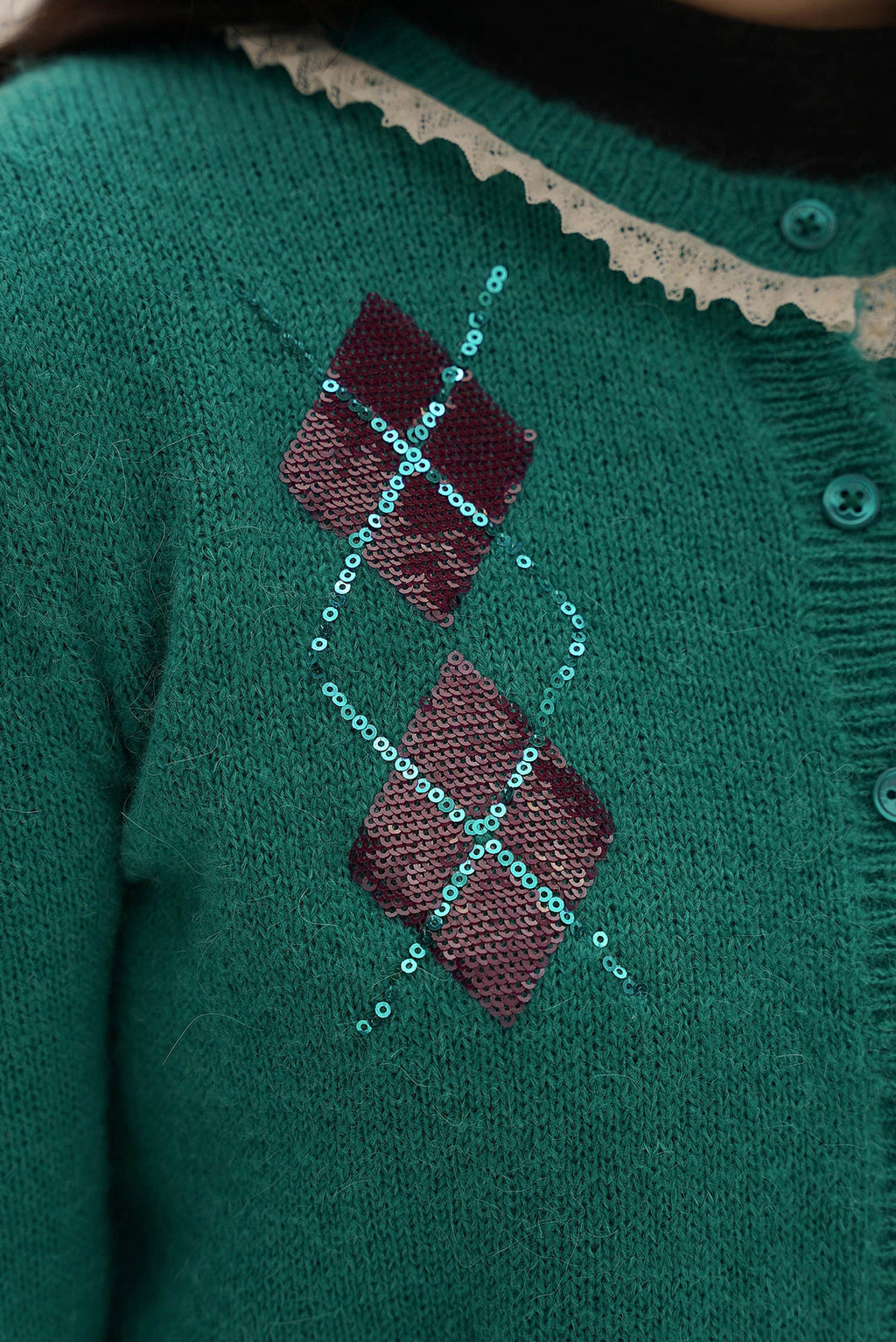 Alpaca Wool Sequin Embroidered Lace Trim Knit Cardigan - COPPING THREADS - MOROMORO