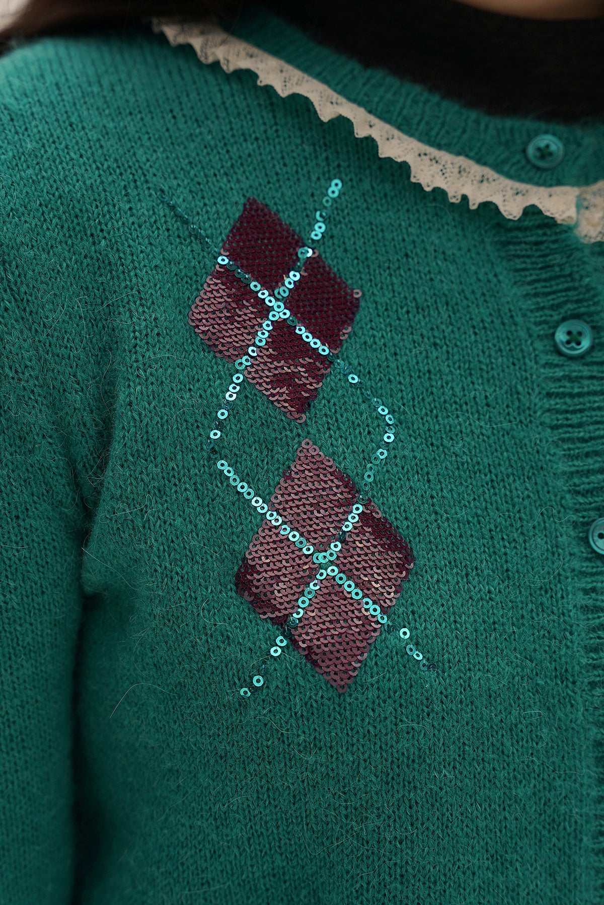 Alpaca Wool Sequin Embroidered Lace Trim Knit Cardigan - COPPING THREADS - MOROMORO