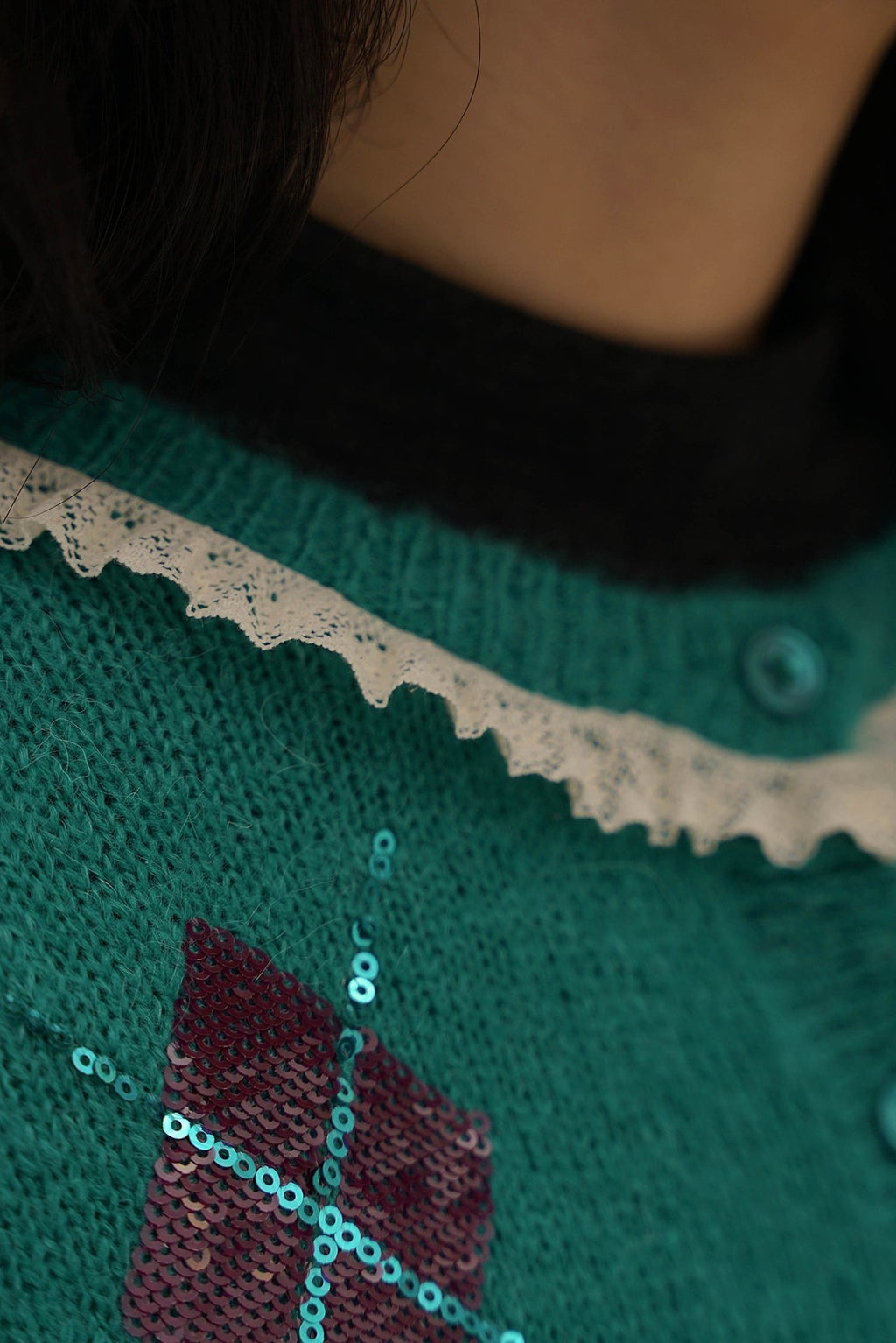 Alpaca Wool Sequin Embroidered Lace Trim Knit Cardigan - COPPING THREADS - MOROMORO