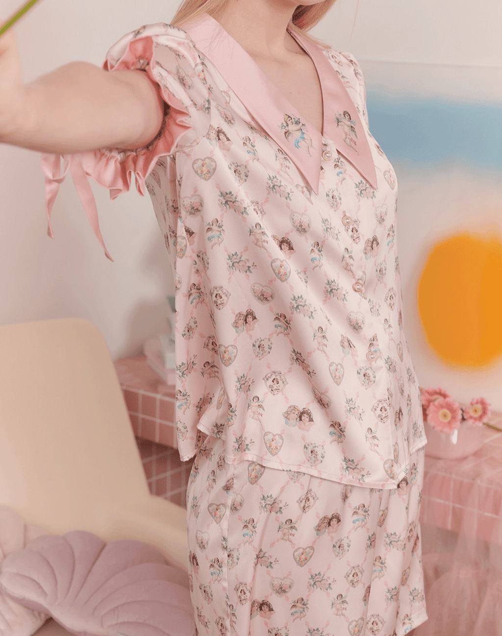 Angel Print Satin Pajama Set - COPPING THREADS - CT Dreamscape