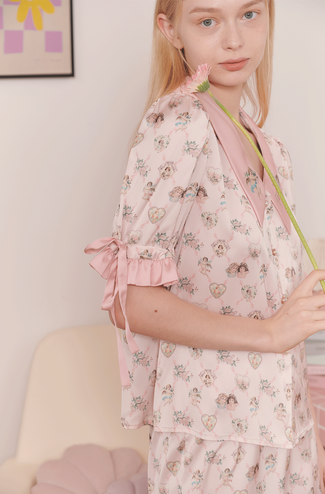 Angel Print Satin Pajama Set - COPPING THREADS - CT Dreamscape