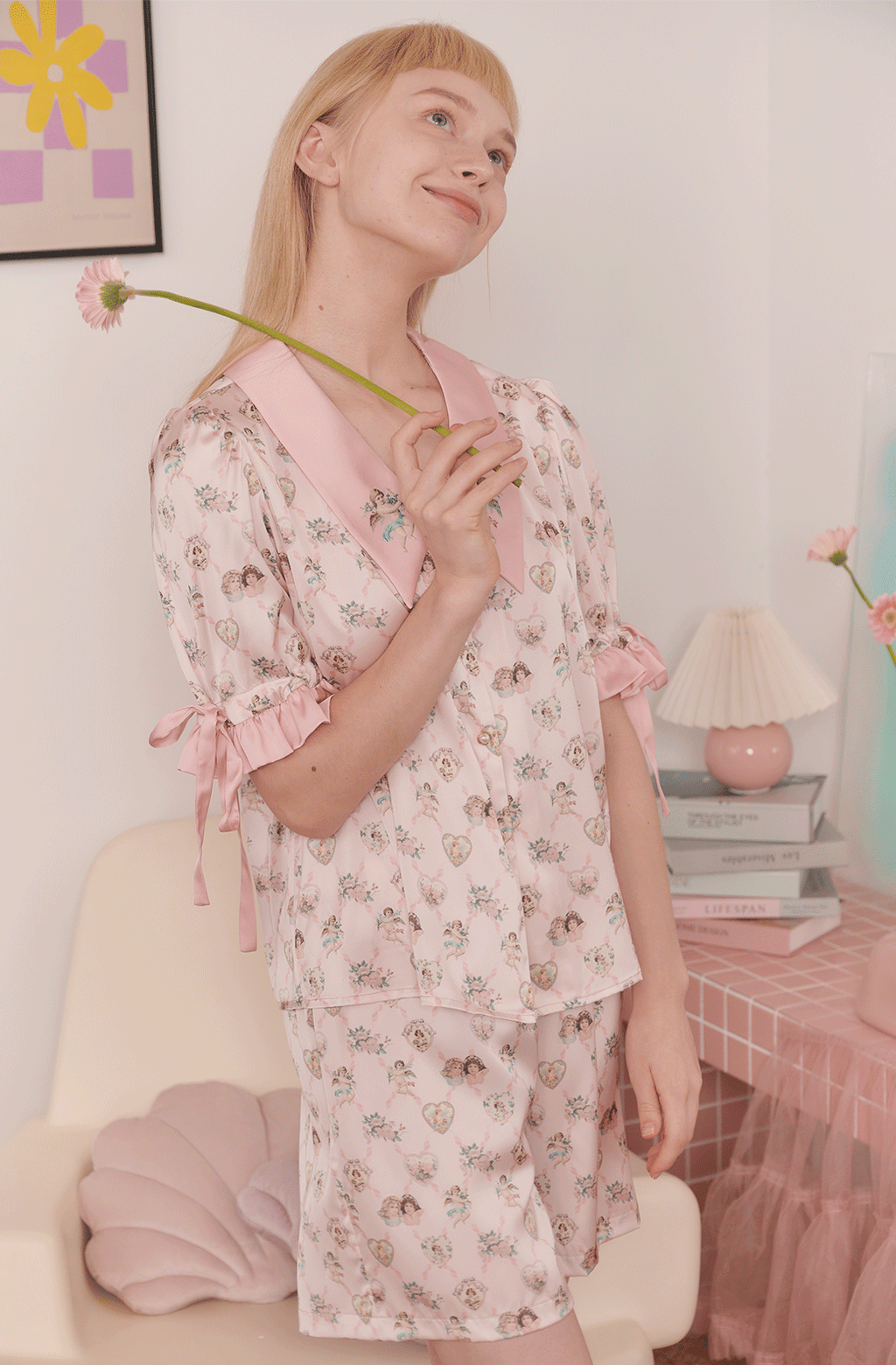 Angel Print Satin Pajama Set - COPPING THREADS - CT Dreamscape
