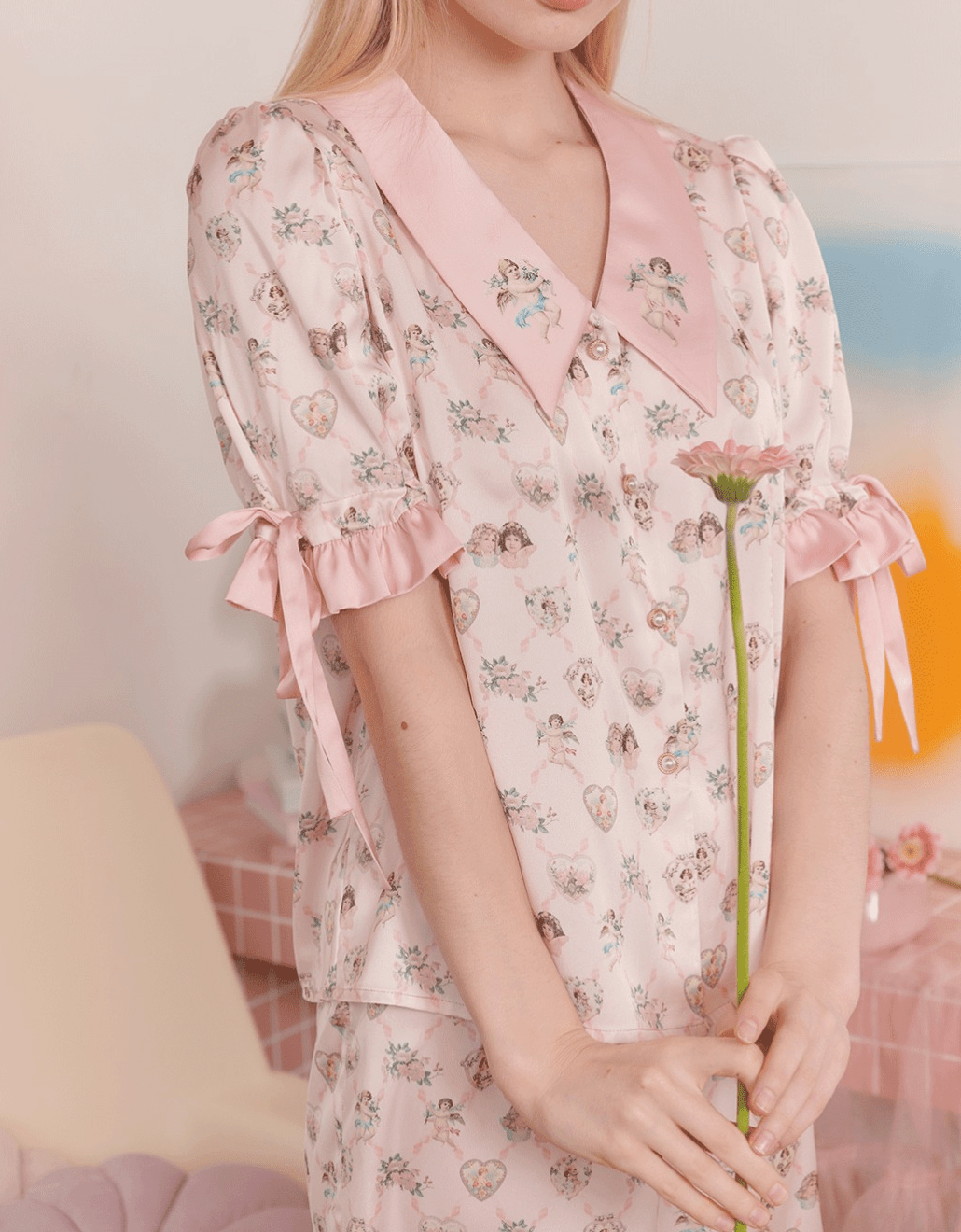 Angel Print Satin Pajama Set - COPPING THREADS - CT Dreamscape