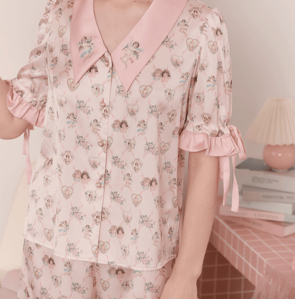 Angel Print Satin Pajama Set - COPPING THREADS - CT Dreamscape