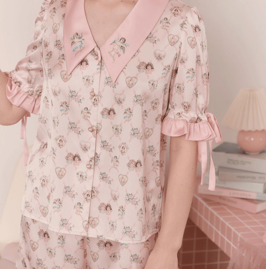 Angel Print Satin Pajama Set - COPPING THREADS - CT Dreamscape
