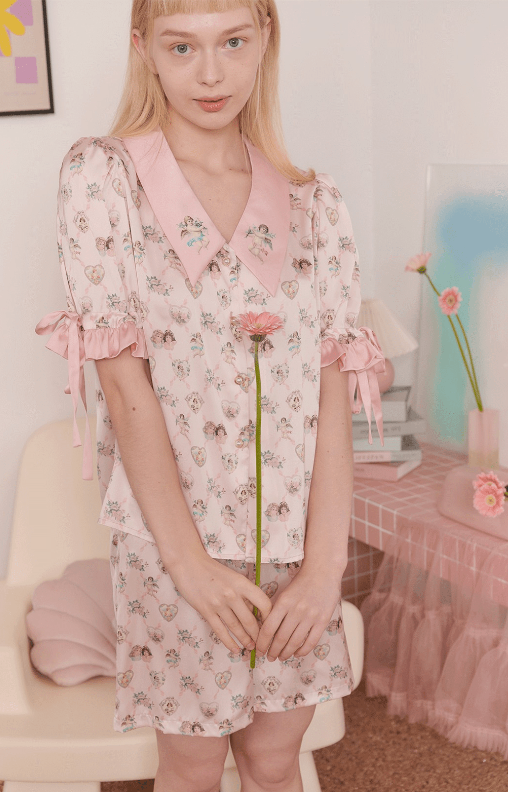 Angel Print Satin Pajama Set - COPPING THREADS - CT Dreamscape