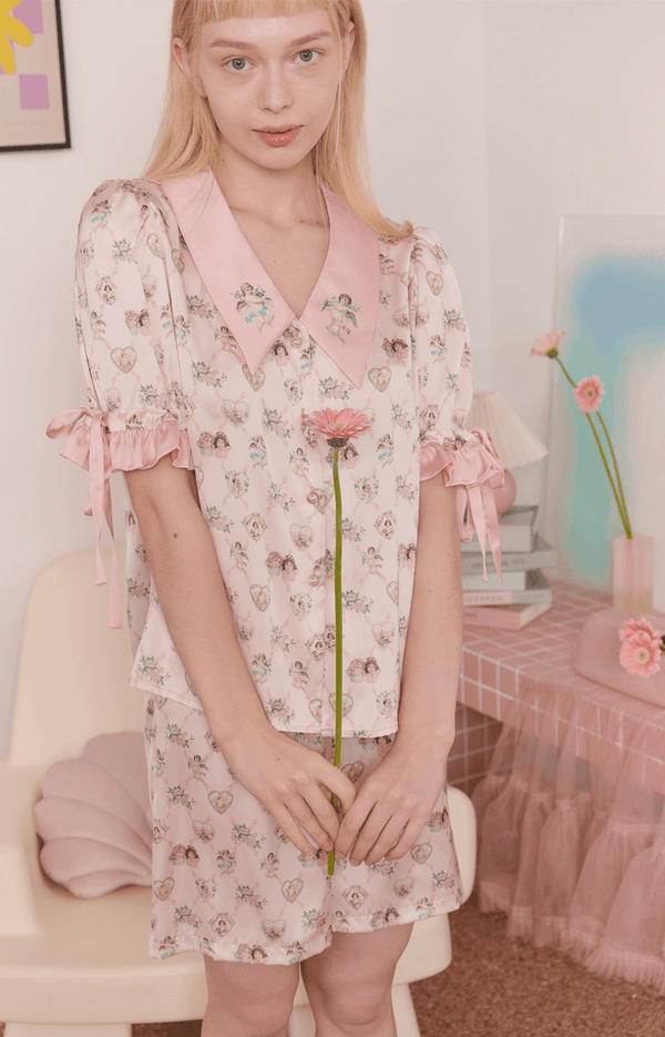 Angel Print Satin Pajama Set - COPPING THREADS - CT Dreamscape