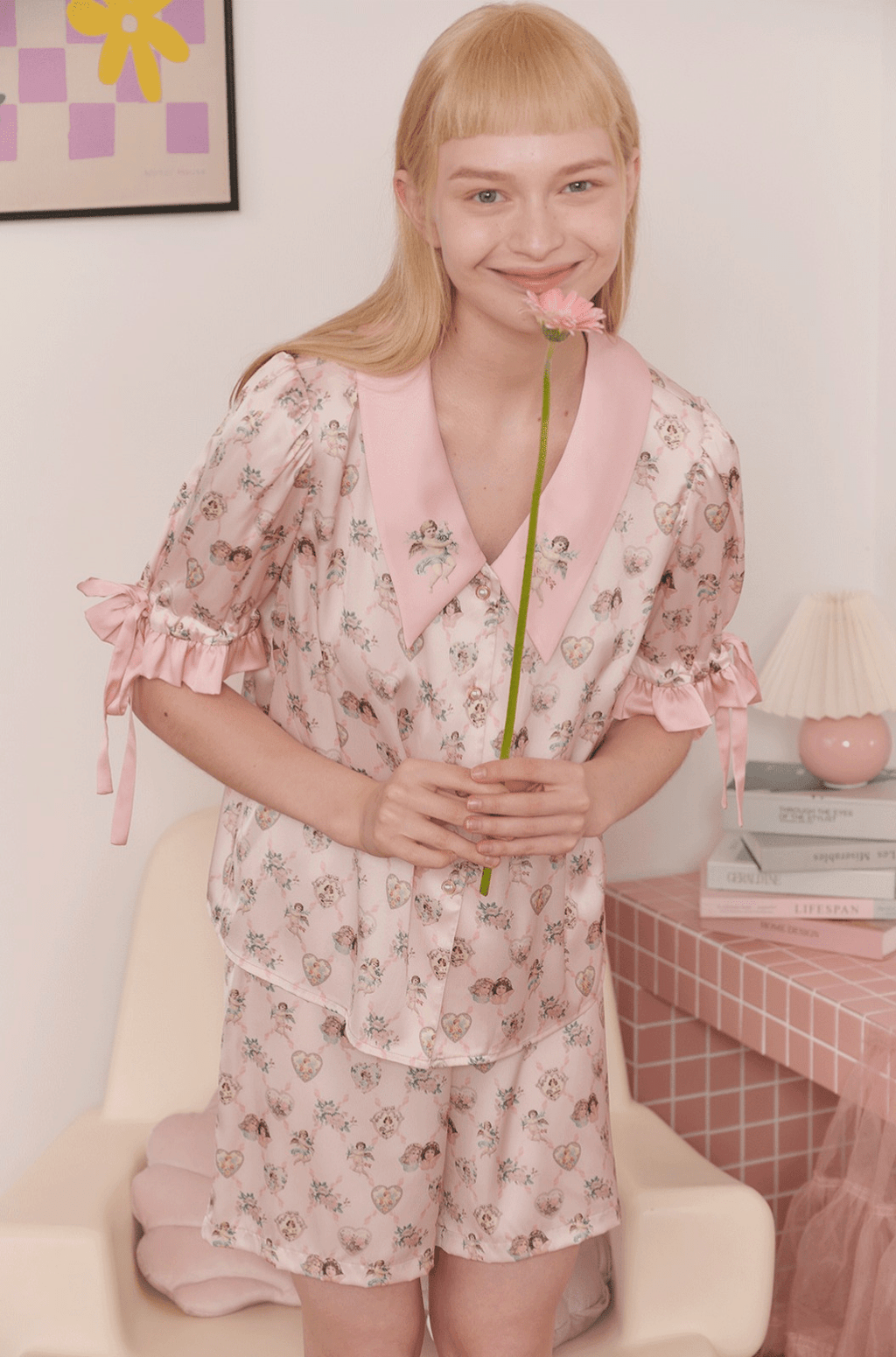 Angel Print Satin Pajama Set - COPPING THREADS - CT Dreamscape