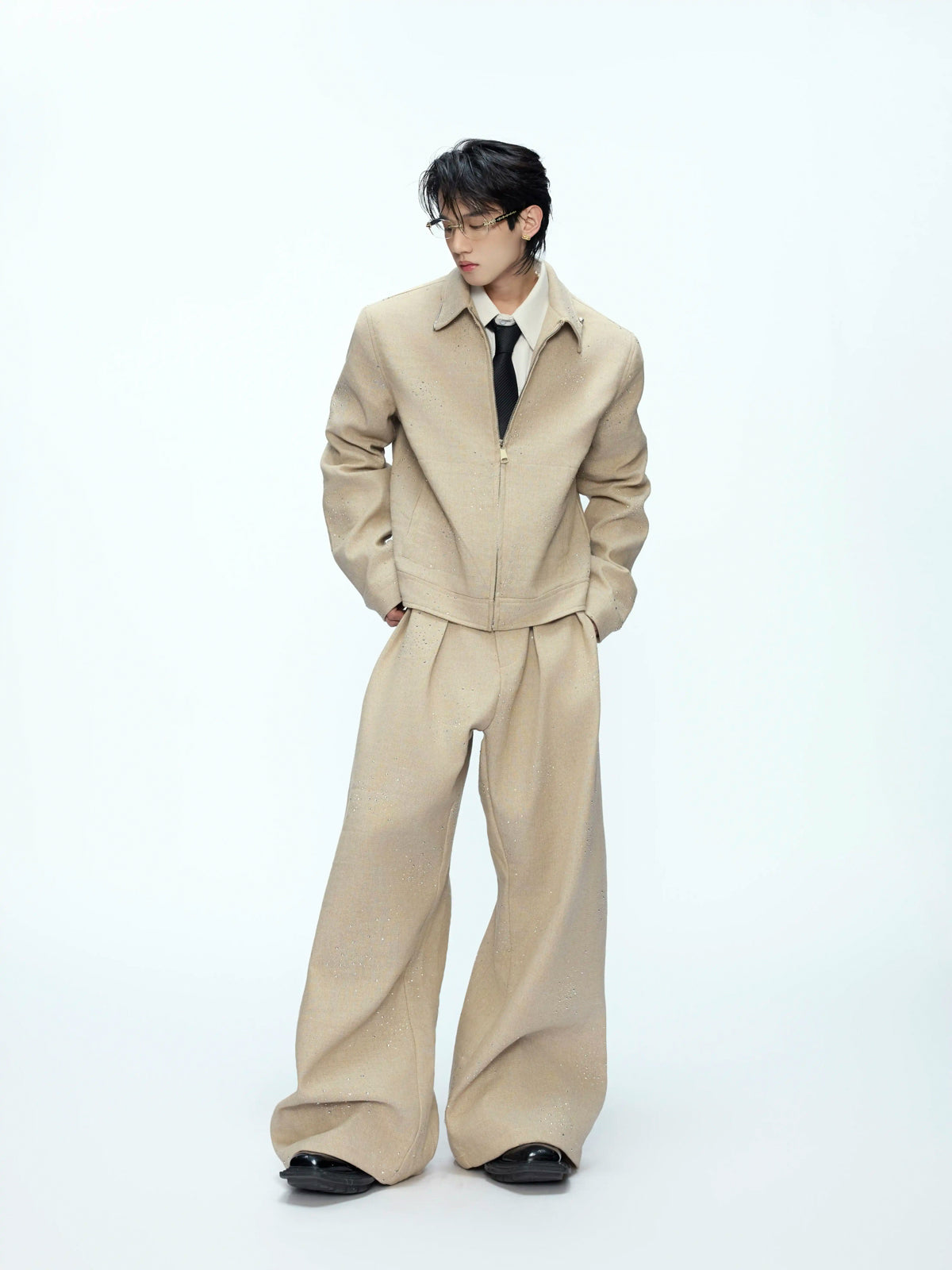 Argue Culture Rhinestone Shimmer Cropped Jacket and Wide-Leg Pants Set - gallery view 2