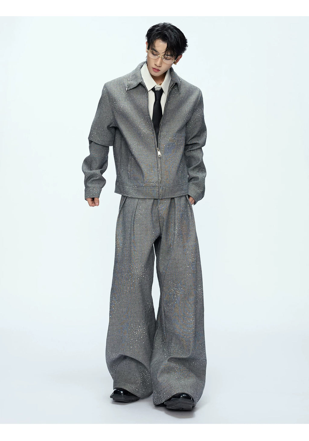 Argue Culture Rhinestone Shimmer Cropped Jacket and Wide-Leg Pants Set - product detail view 5
