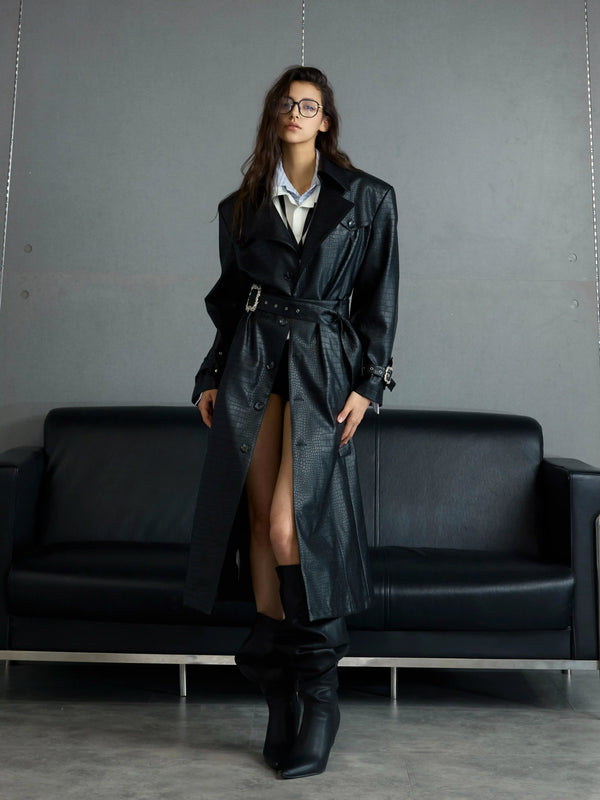 Argue Culture Croc-Embossed Belted Long Coat - gallery view 3