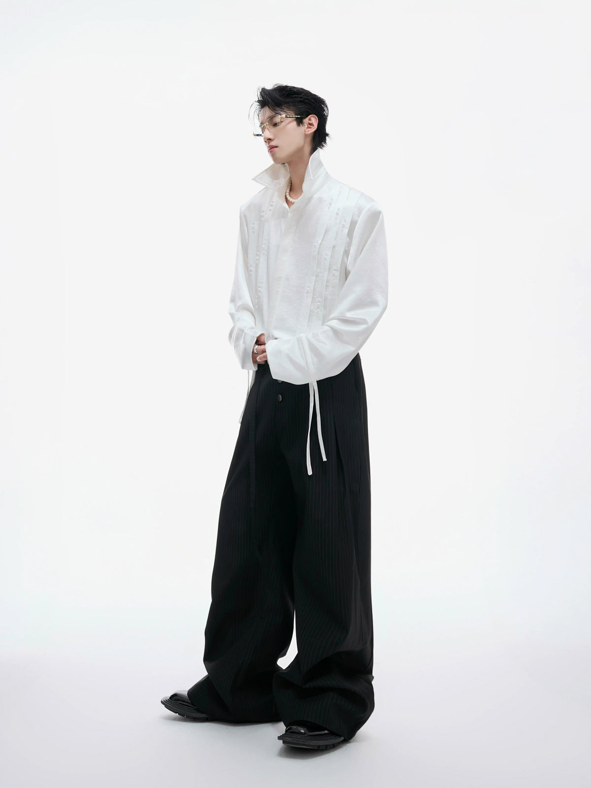Argue Culture Pearl-Trim Tie-Neck Pleated Shirt - gallery view 3