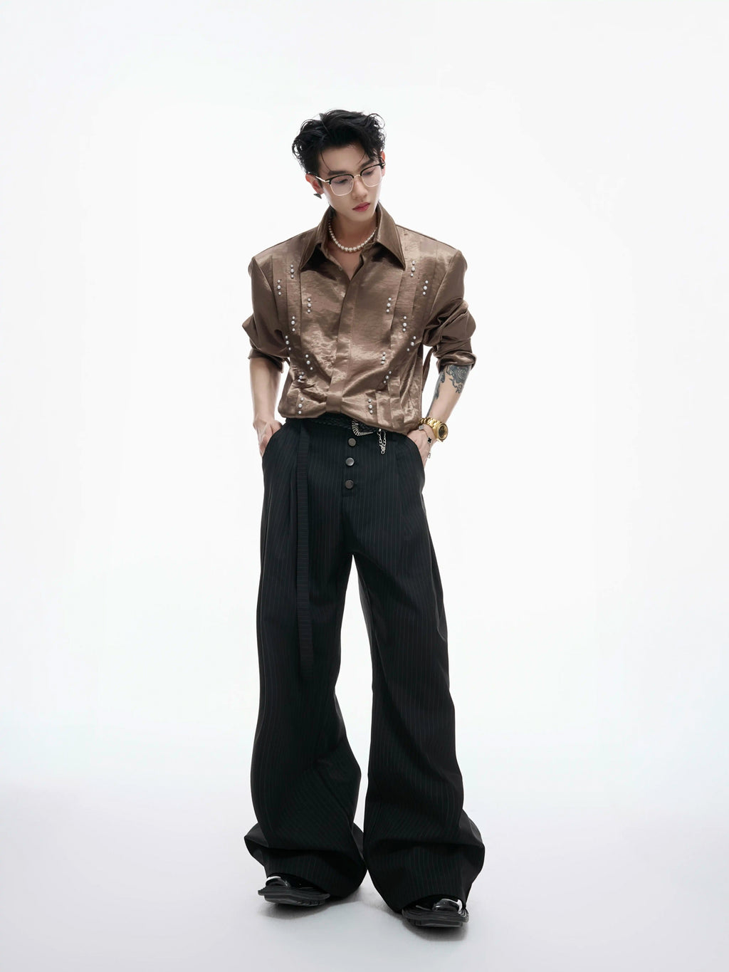 Argue Culture Pearl-Trim Tie-Neck Pleated Shirt - gallery view 4
