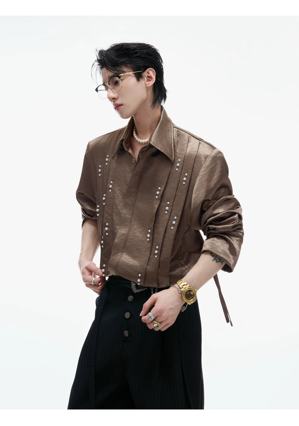 Argue Culture Pearl-Trim Tie-Neck Pleated Shirt - product detail view 7