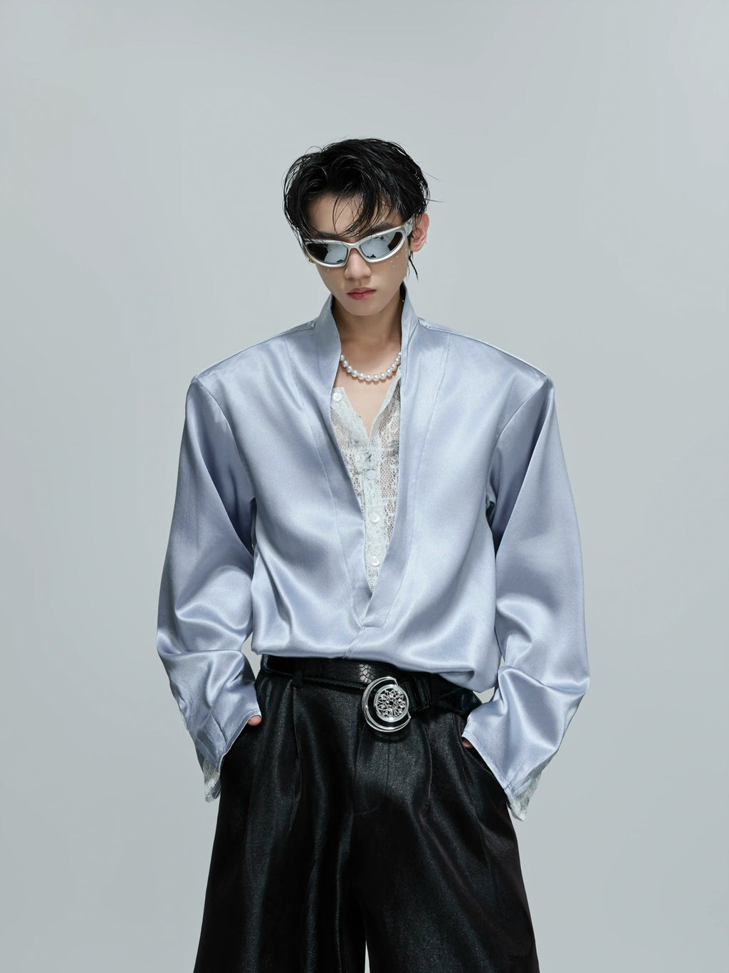 Argue Culture Lace-Panel Layered V-Neck Shirt - gallery view 2