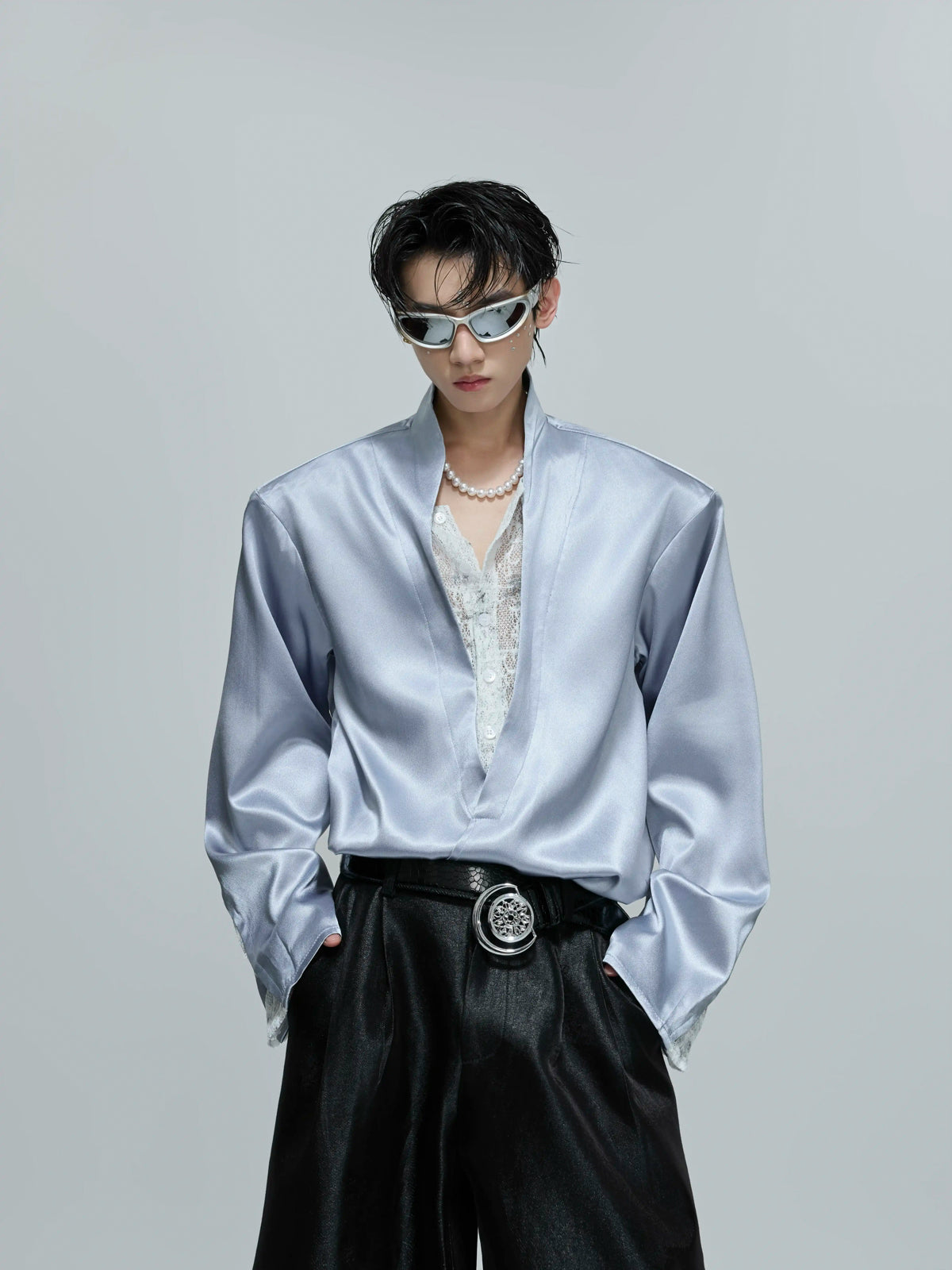 Argue Culture Lace-Panel Layered V-Neck Shirt - gallery view 2