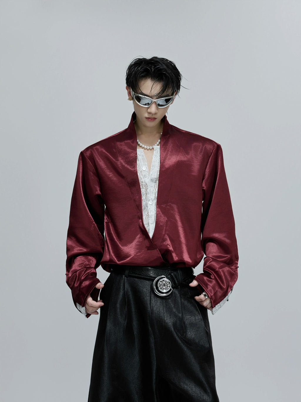 Argue Culture Lace-Panel Layered V-Neck Shirt - color view 7