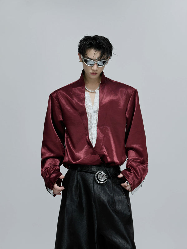 Argue Culture Lace-Panel Layered V-Neck Shirt - color view 7
