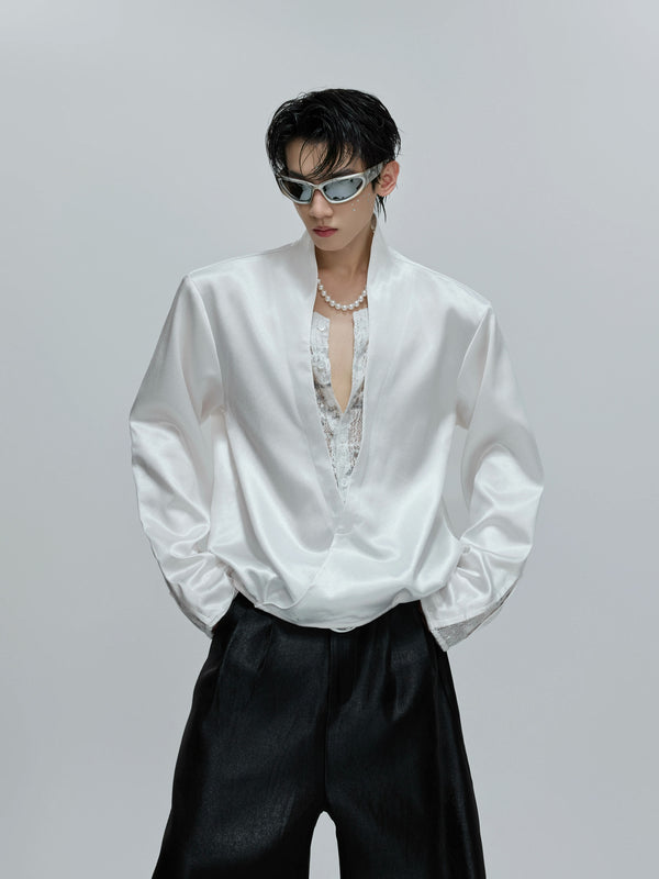 Argue Culture Lace-Panel Layered V-Neck Shirt - color view 8