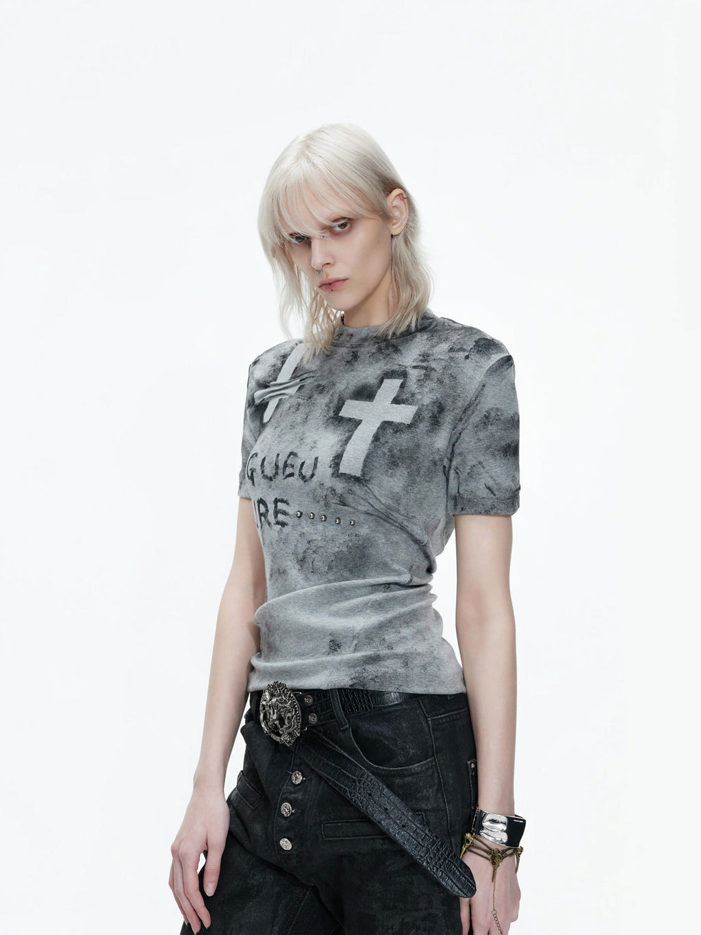 Argue Culture Distressed Cross Studded Fitted T-Shirt - gallery view 2