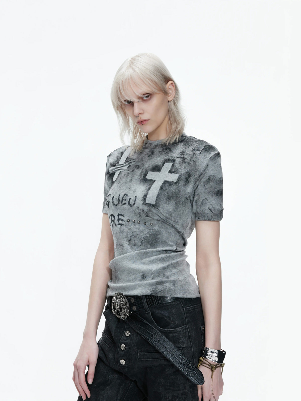 Argue Culture Distressed Cross Studded Fitted T-Shirt - gallery view 2