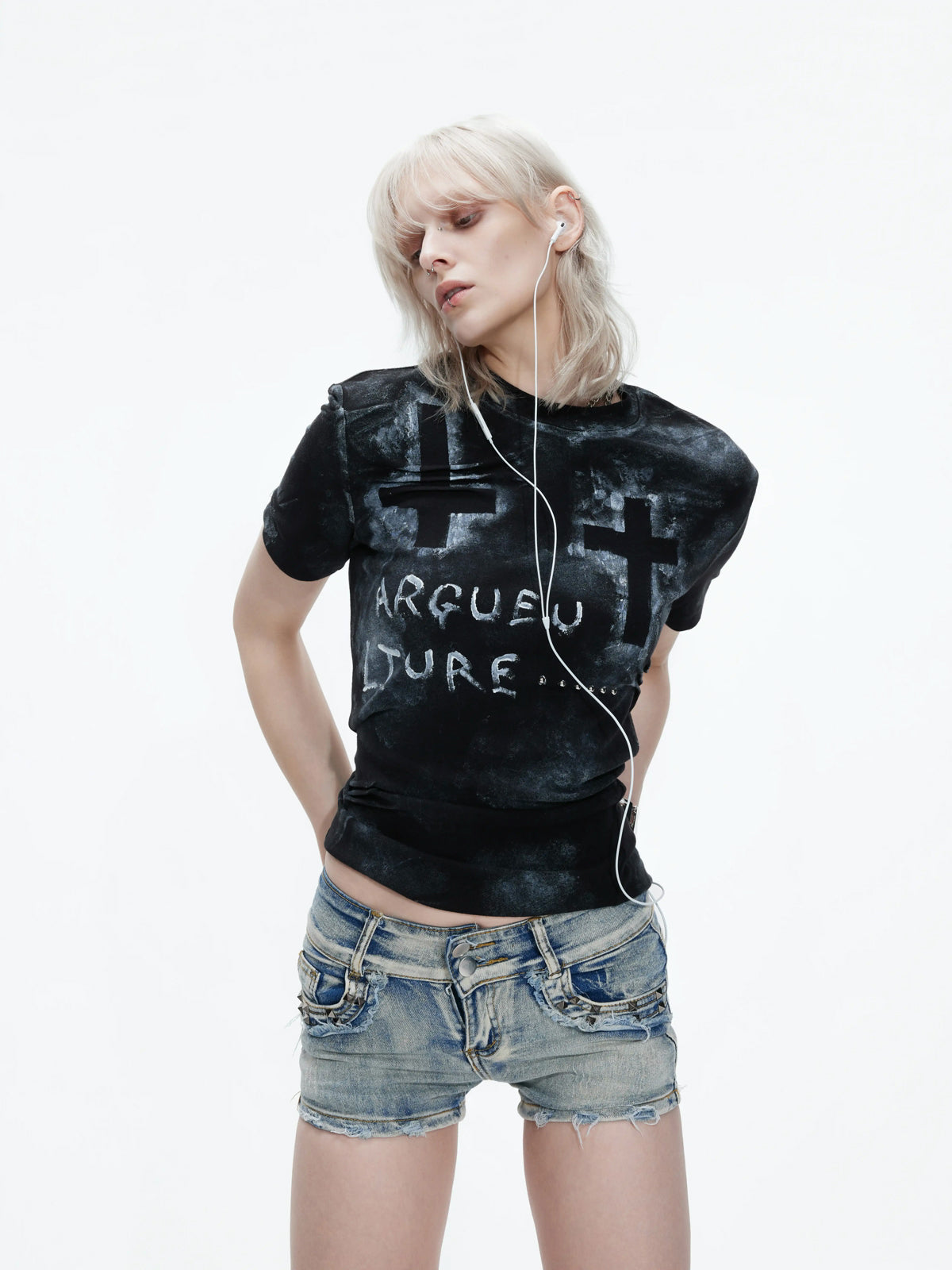 Argue Culture Distressed Cross Studded Fitted T-Shirt - gallery view 3