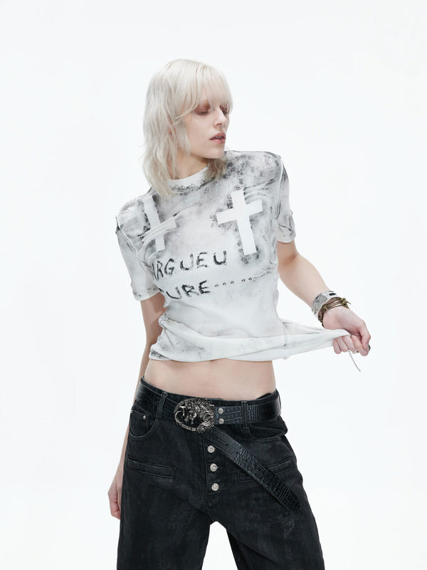 Argue Culture Distressed Cross Studded Fitted T-Shirt - gallery view 4