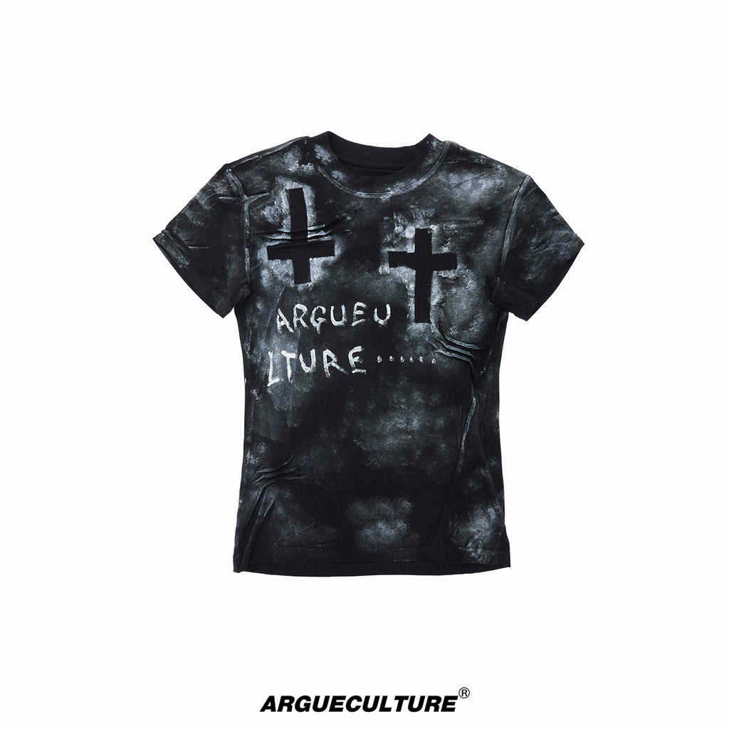 Argue Culture Distressed Cross Studded Fitted T-Shirt - color view 7