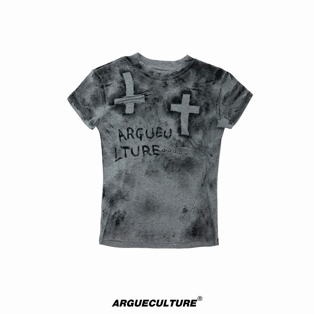 Argue Culture Distressed Cross Studded Fitted T-Shirt - color view 9