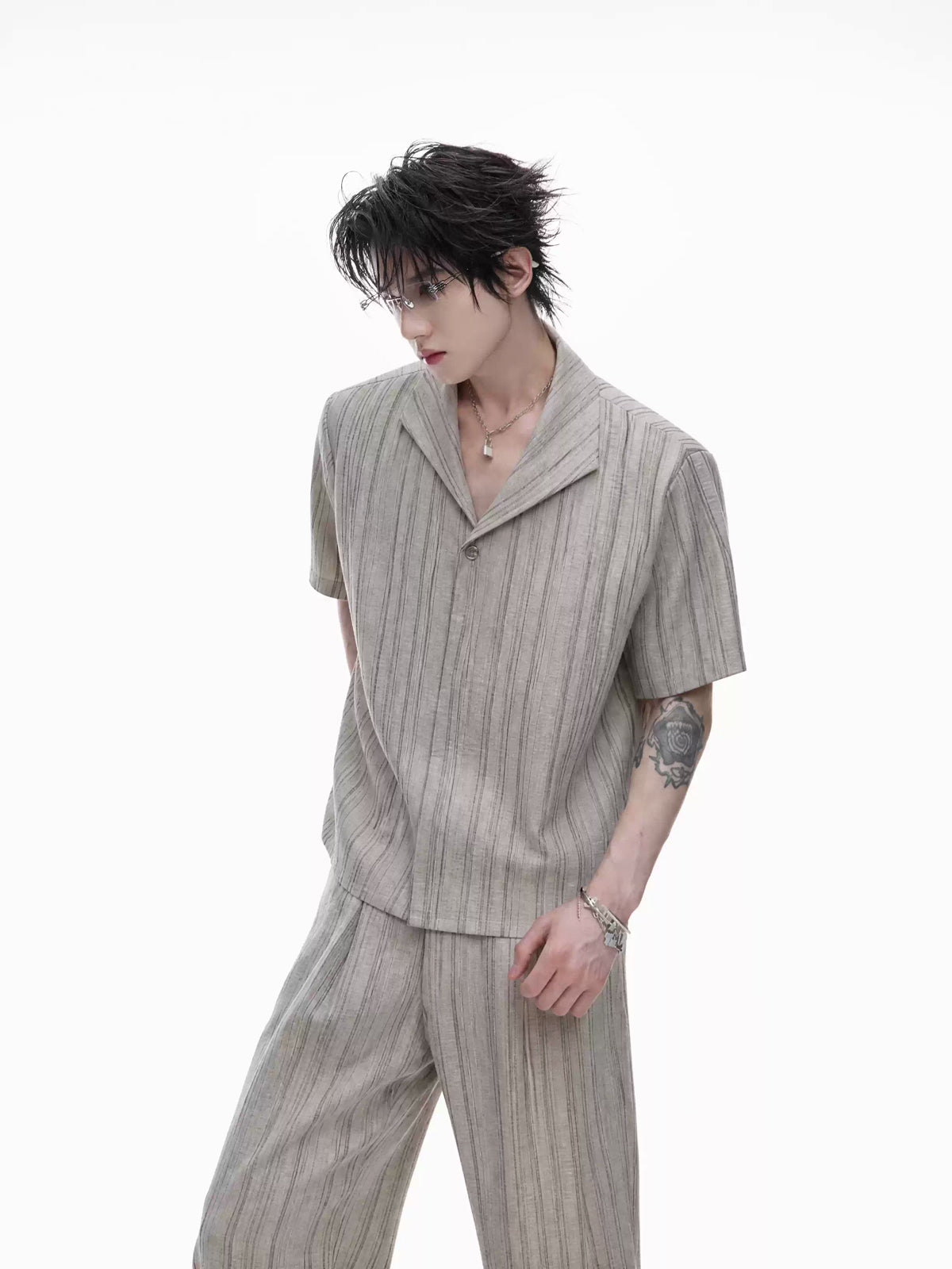 Cuban-Collar Stripe Shirt and Pants Set 서브 이미지