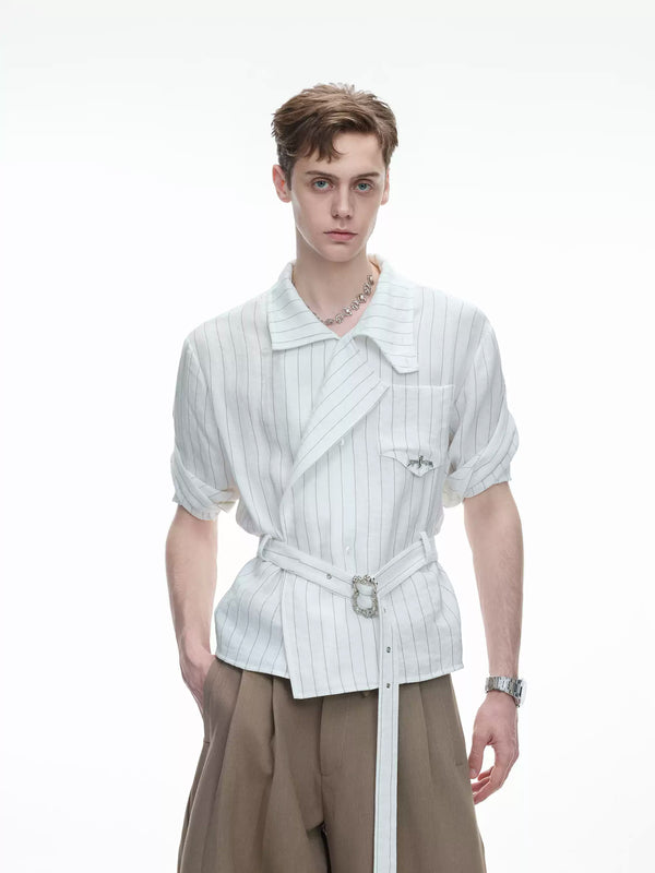 Argue Culture Asymmetric Tie-Waist Stripe Shirt - gallery view 3